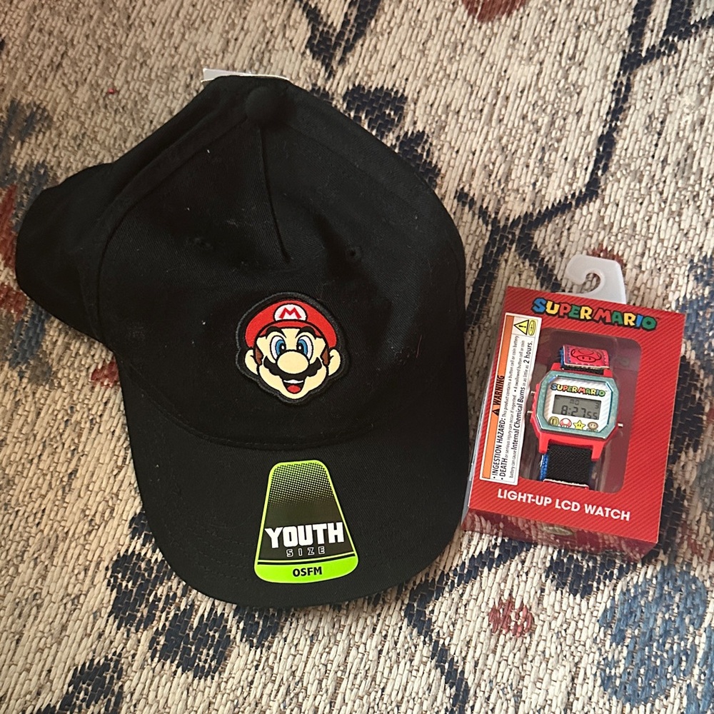Super Mario Black Youth Cap and Light-Up LCD Watch Set